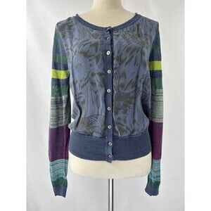 Sundance Multi Media Cardigan Blue Purple Stripe Floral Medium Linen Silk
